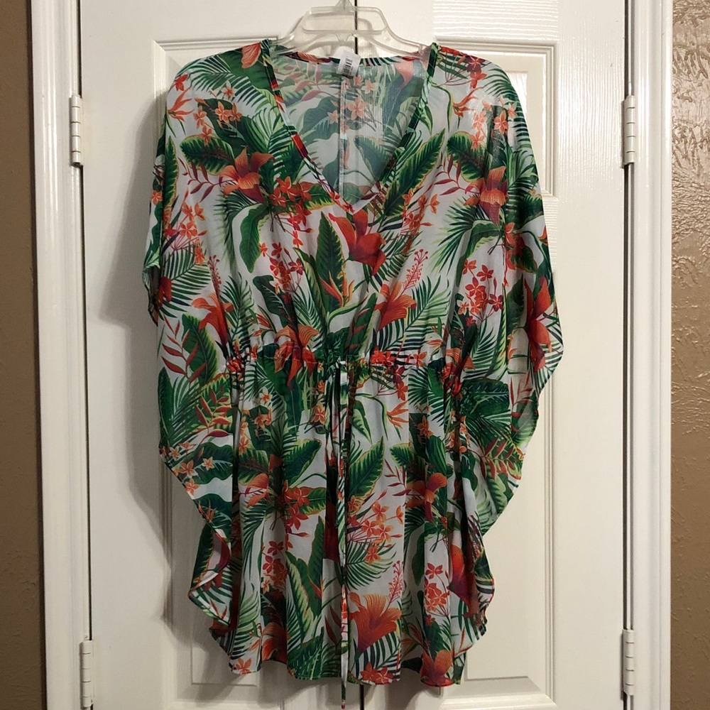 Floral Hawaiian V-Neck Kaftan Top or Swimsuit Cover Up - One Size
